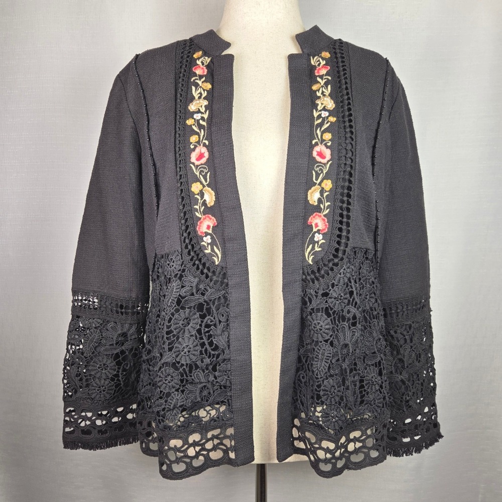Chico's Floral Embroidered Lace Open Front Cardigan Boho Chic Women's 2 Large
